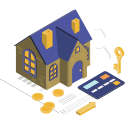 Drawing of a house on top of a contract next to coins and a credit card, symbolising the payment of a house rental.